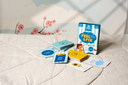 Instructions for how to play Feel & Fix, a screen-free card game for children
